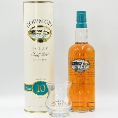 Bowmore 10 Year Old Screen Print Bottle with Glass 75cl 1990s