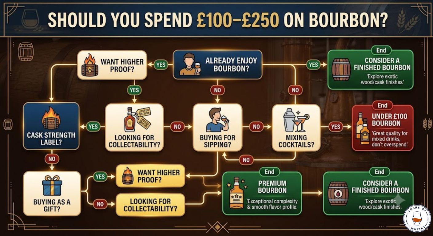 Decision tree helping buyers determine whether a premium bourbon between £100 and £250 suits their experience, budget and intended use.