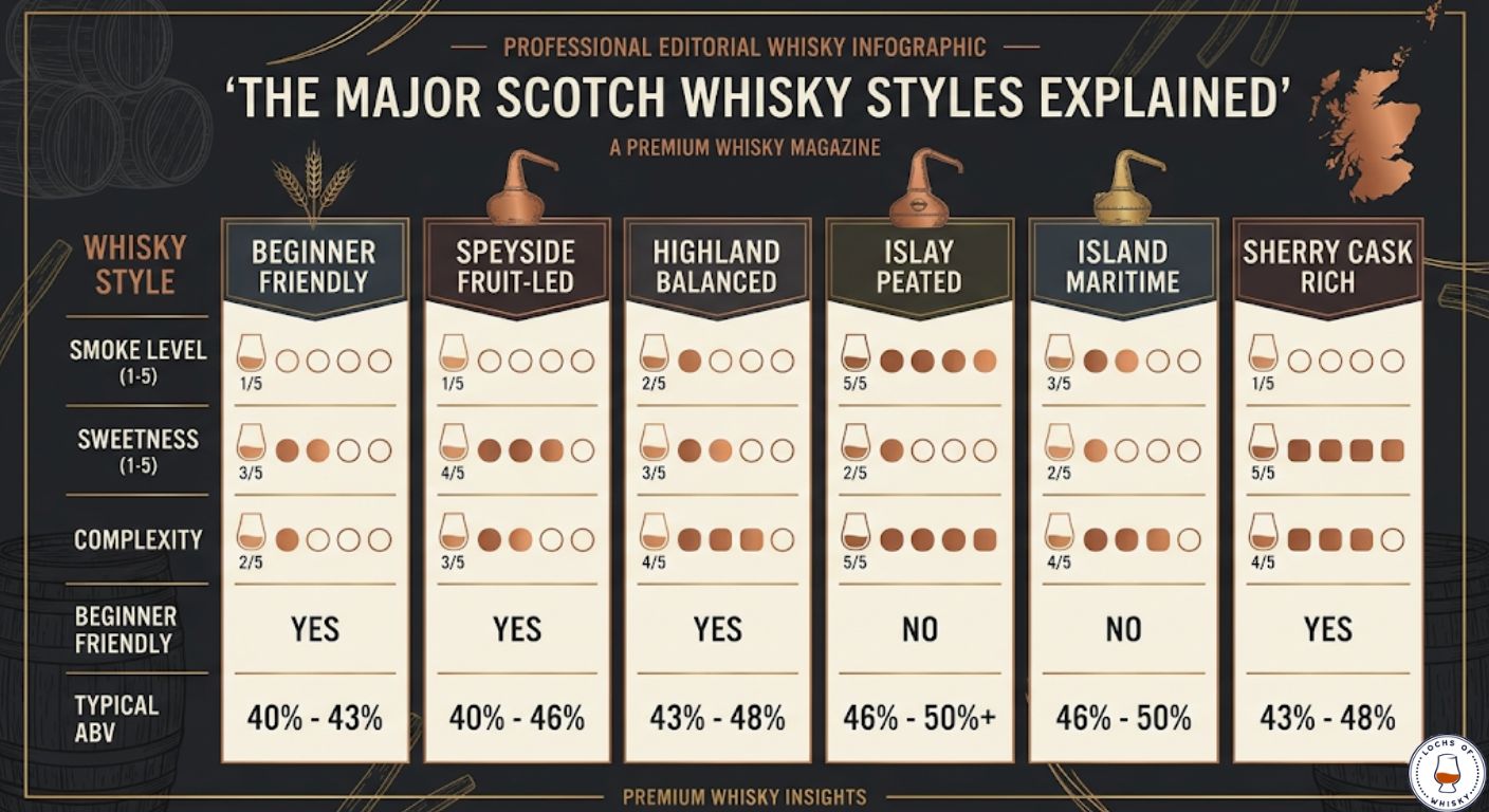 Comparison chart showing six major Scotch whisky styles, their smoke levels, sweetness, complexity and suitability for beginners.