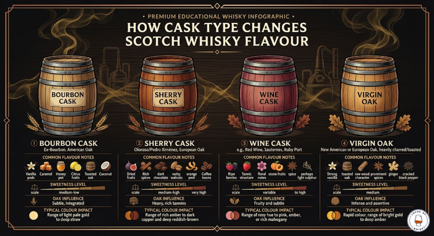 Diagram comparing bourbon, sherry, wine and virgin oak casks and the flavour characteristics each contributes to Scotch whisky.