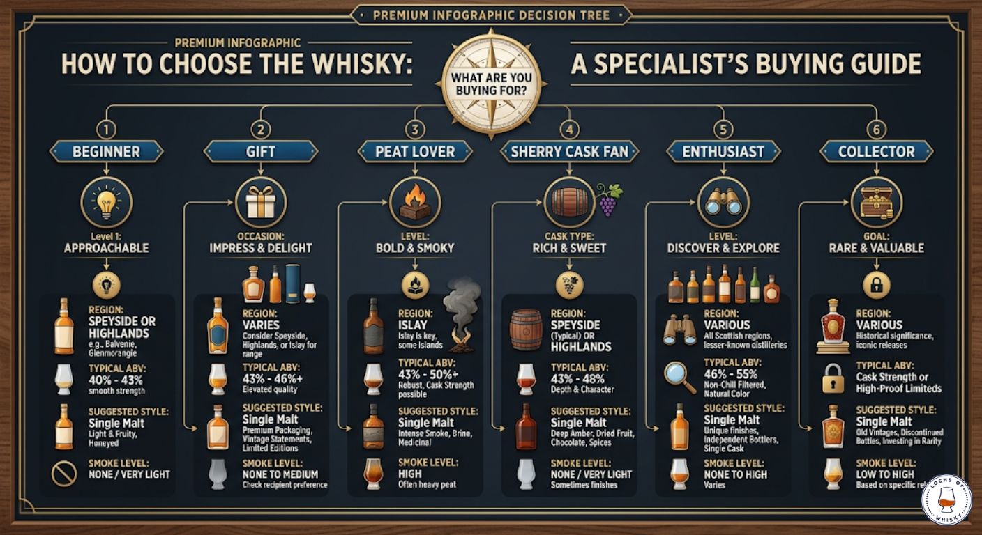Decision tree helping readers choose the right Scotch whisky based on experience level, flavour preference and buying purpose.