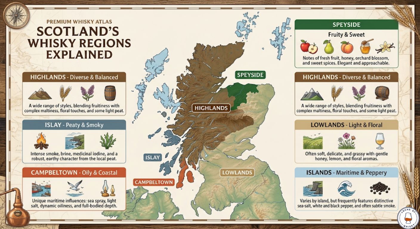 Map of Scotland showing the major Scotch whisky regions and the flavour characteristics commonly associated with each area.