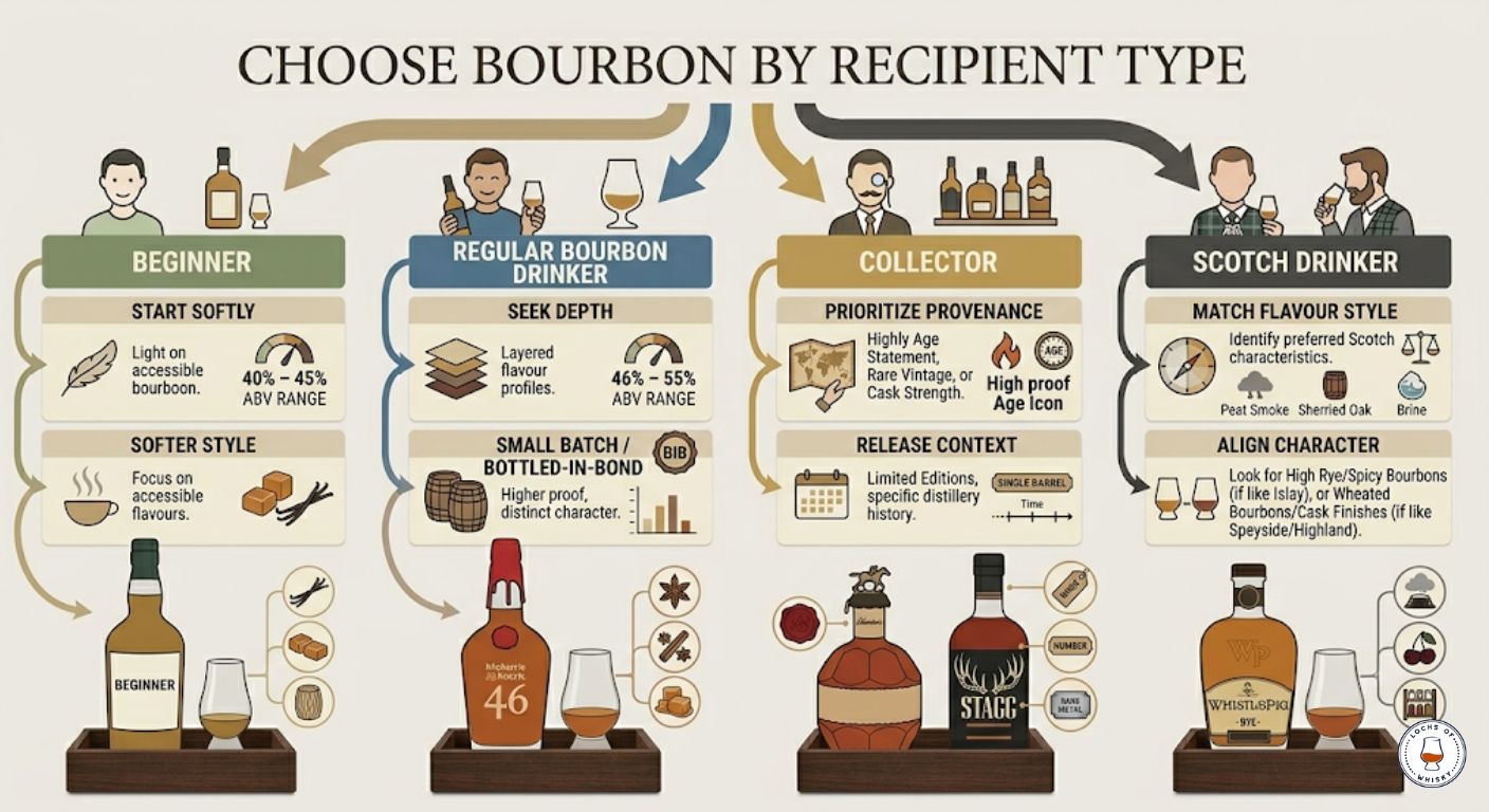 Decision-tree infographic showing how to choose a bourbon gift for beginners, regular drinkers, collectors and Scotch drinkers.