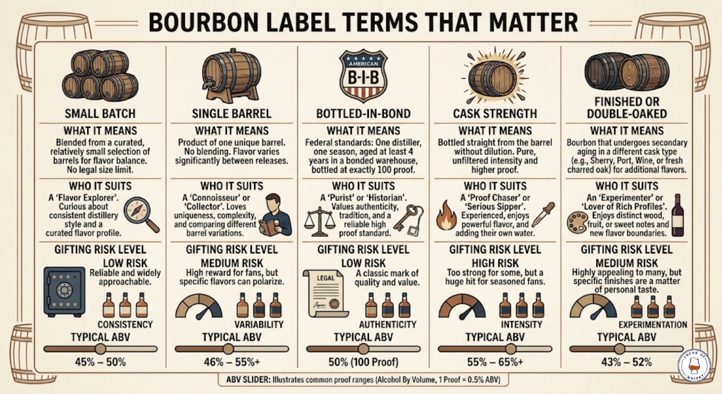 Comparison infographic explaining small batch, single barrel, bottled-in-bond, cask strength and finished bourbon gift suitability.