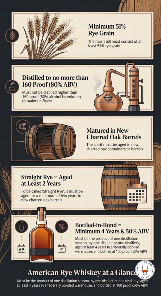 Side-by-side comparison of rye whiskey and bourbon showing differences in grain, flavour profile, sweetness, spice, cocktails and overall character.