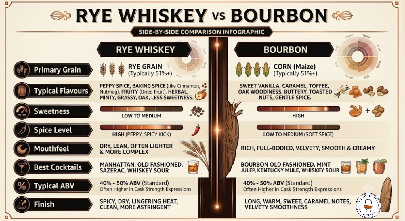 Side-by-side comparison of rye whiskey and bourbon showing differences in grain, flavour profile, sweetness, spice, cocktails and overall character.