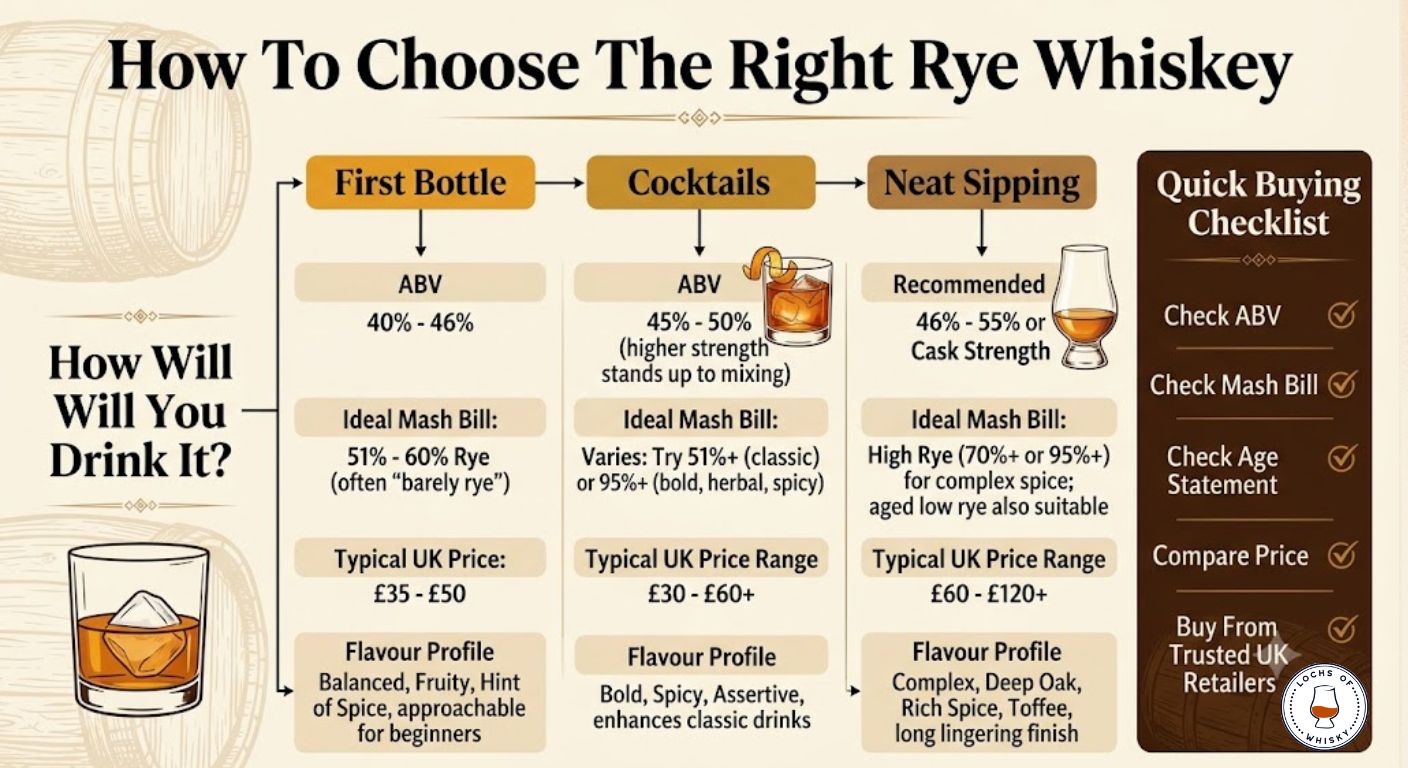 Decision tree helping UK buyers choose the right rye whiskey based on experience level, drinking style, ABV, mash bill and budget.