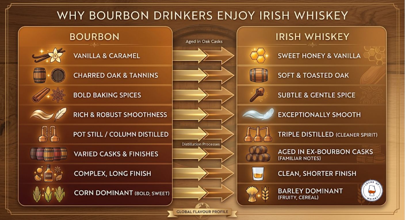 Infographic comparing the shared flavour characteristics between bourbon and Irish whiskey, including vanilla, caramel, toasted oak and spice.