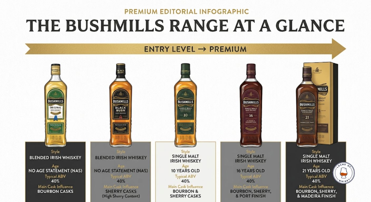 Infographic comparing the core Bushmills whiskey range from Original through to 21 Year Old, showing style, age, ABV and cask maturation.