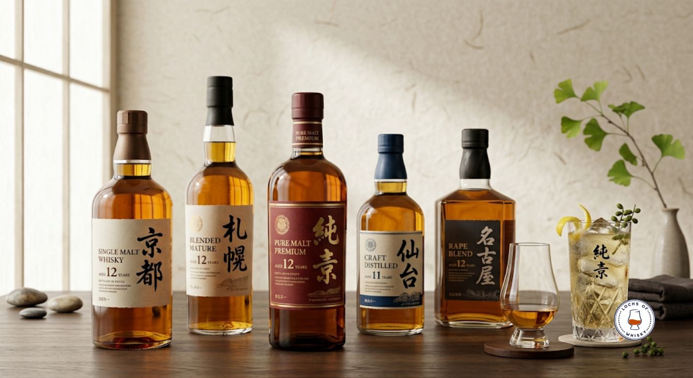 Selection of Japanese whisky bottles under £100 with a tasting glass and highball illustrating affordable Japanese whisky styles.