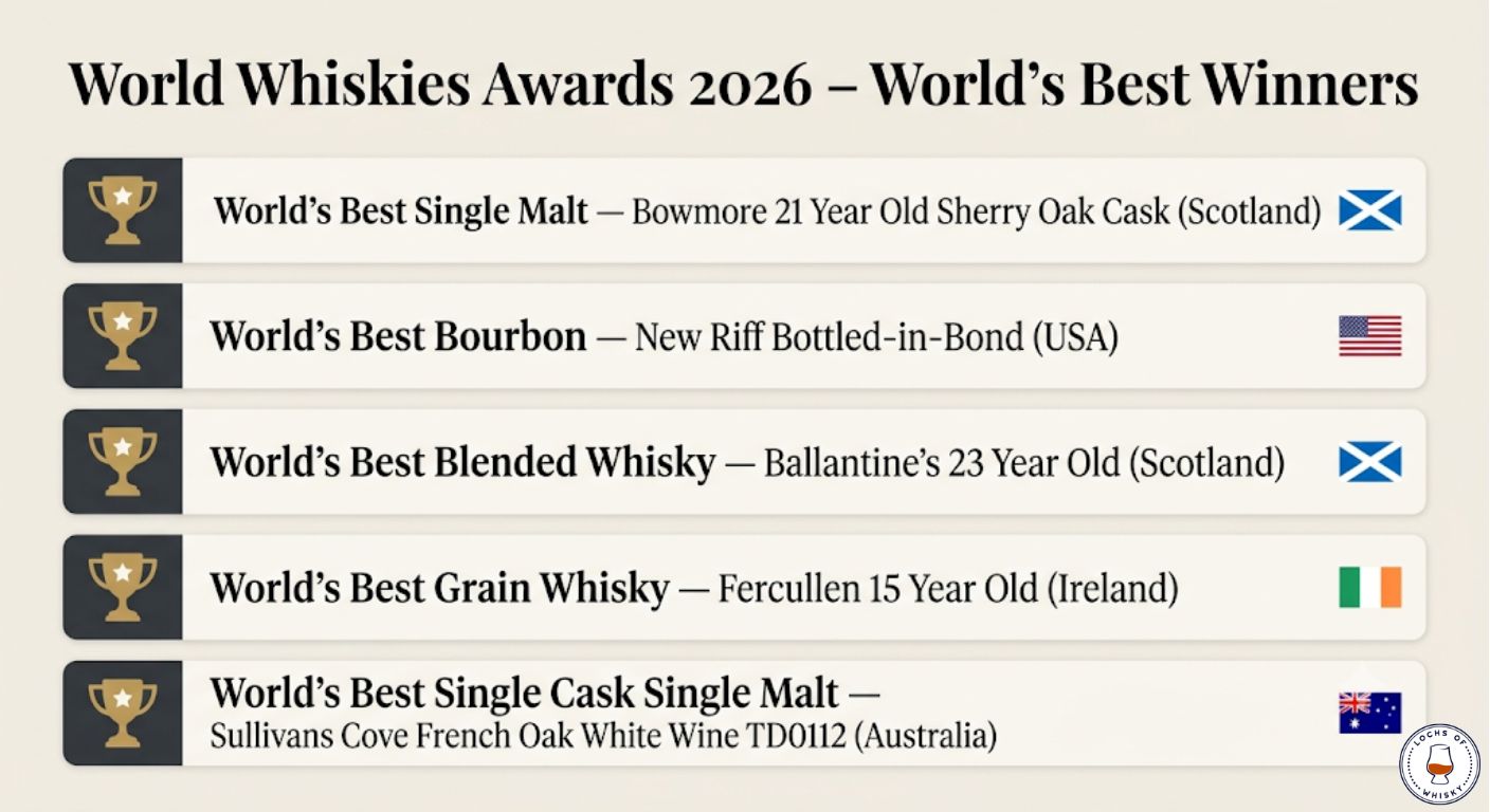 Infographic summarising the World's Best winners from the World Whiskies Awards 2026 across five major whisky categories.