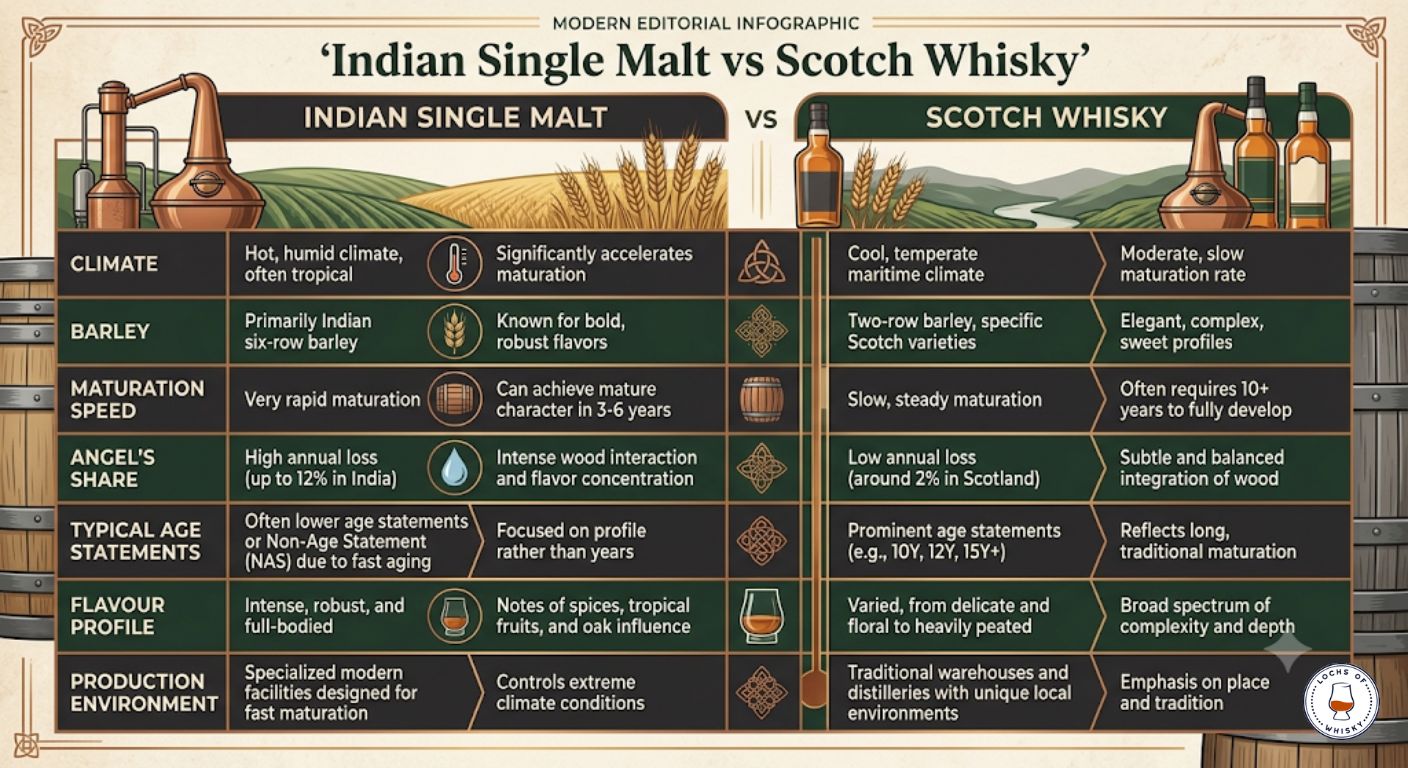 Comparison of Indian single malt whisky and Scotch whisky, including climate, barley, maturation and flavour differences.
