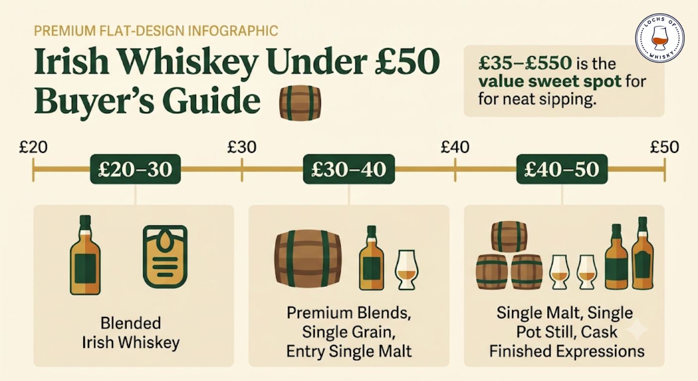 Infographic showing the typical styles of Irish whiskey available across different price ranges from £20 to £50, highlighting the best value buying bracket.