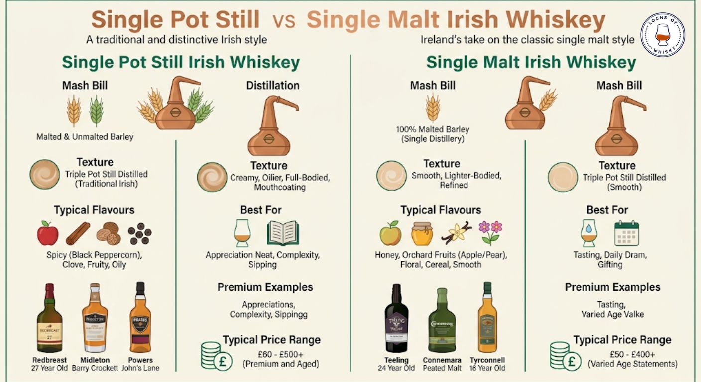 Comparison infographic showing the differences between premium single pot still and single malt Irish whiskey.