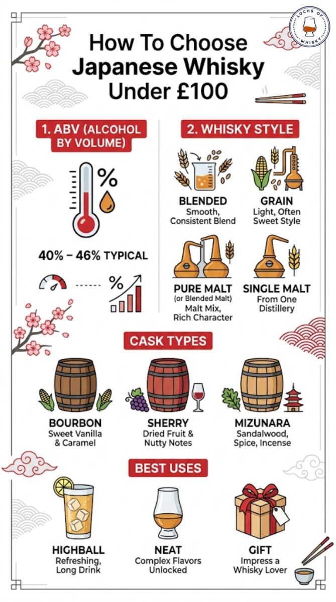 Infographic explaining the key factors to consider when buying Japanese whisky under £100, including ABV, style, cask type and intended use.