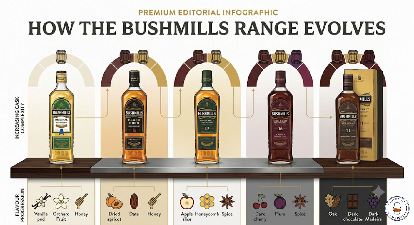 Timeline showing how Bushmills whiskey develops from lighter blended expressions to mature single malt releases with increasing cask influence.