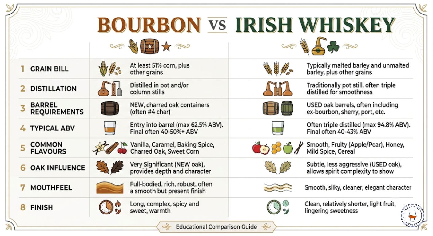 Comparison infographic showing the key production and flavour differences between bourbon and Irish whiskey.