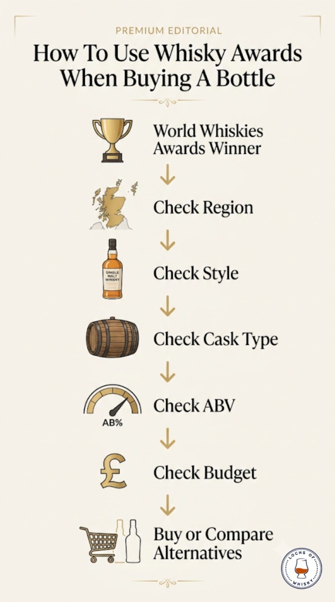 Flowchart explaining how to use World Whiskies Awards results alongside region, cask type, ABV and budget before buying whisky.