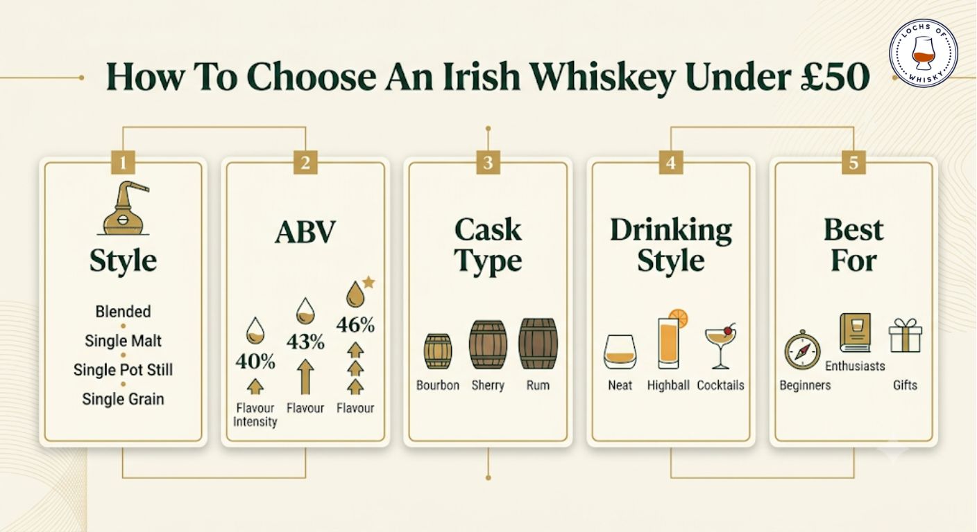 Decision-making infographic explaining how to choose an Irish whiskey under £50 based on style, strength, cask type and intended use.