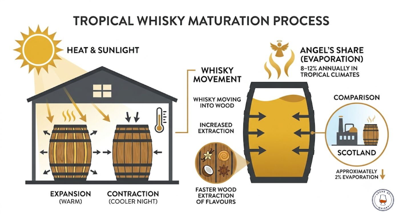 Diagram explaining how India's tropical climate accelerates whisky maturation and increases the angel's share.