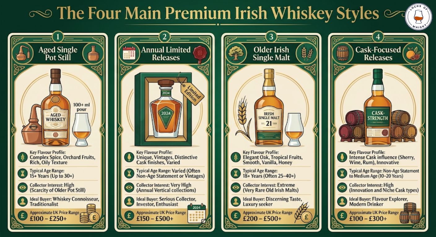Infographic comparing the four main styles of premium Irish whiskey and the type of buyer each suits.