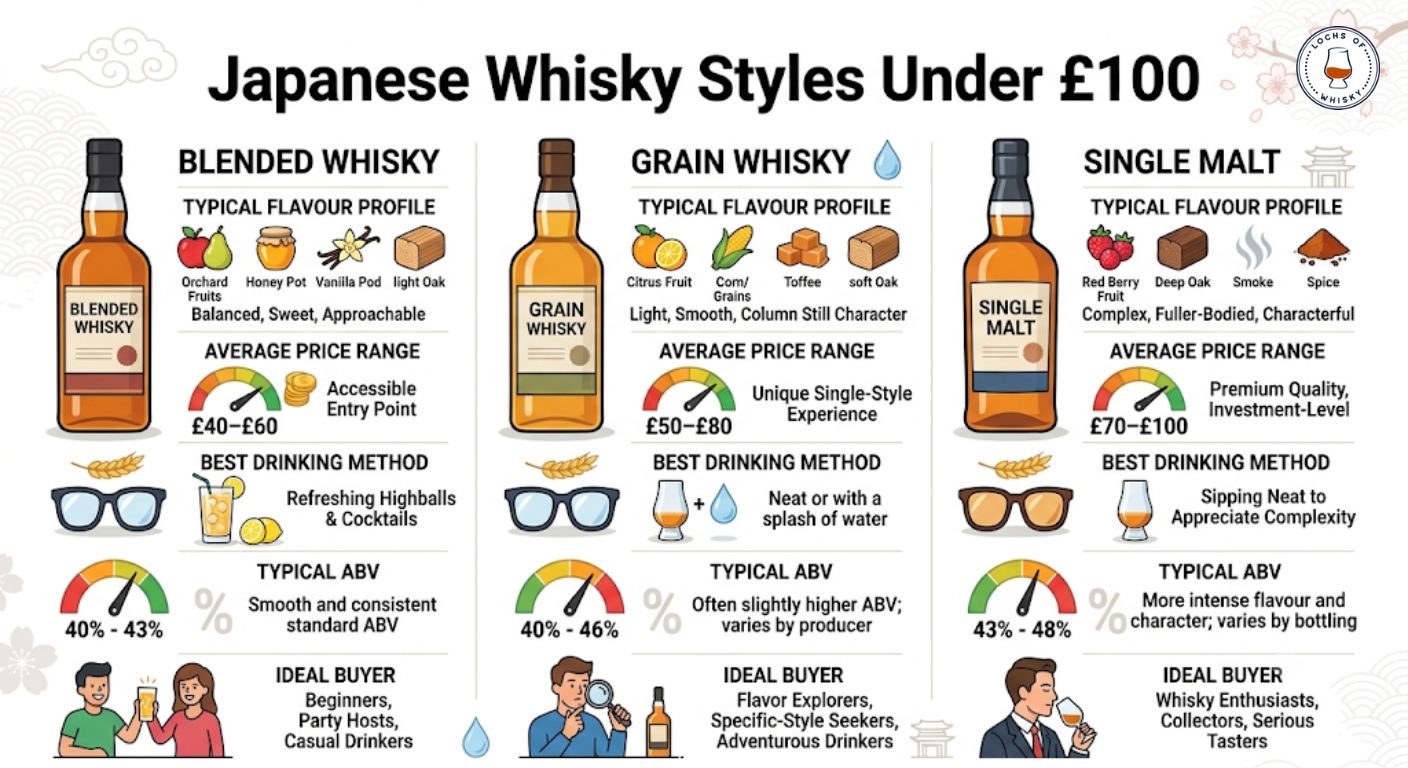 Comparison infographic showing the differences between blended, grain and single malt Japanese whisky available under £100.