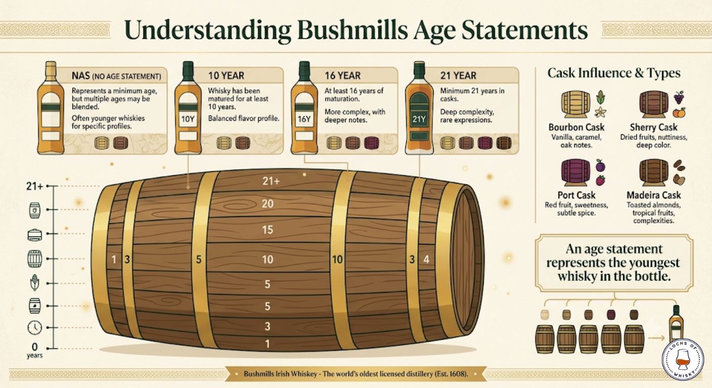 Diagram explaining Bushmills age statements and how maturation and cask types change across the range.