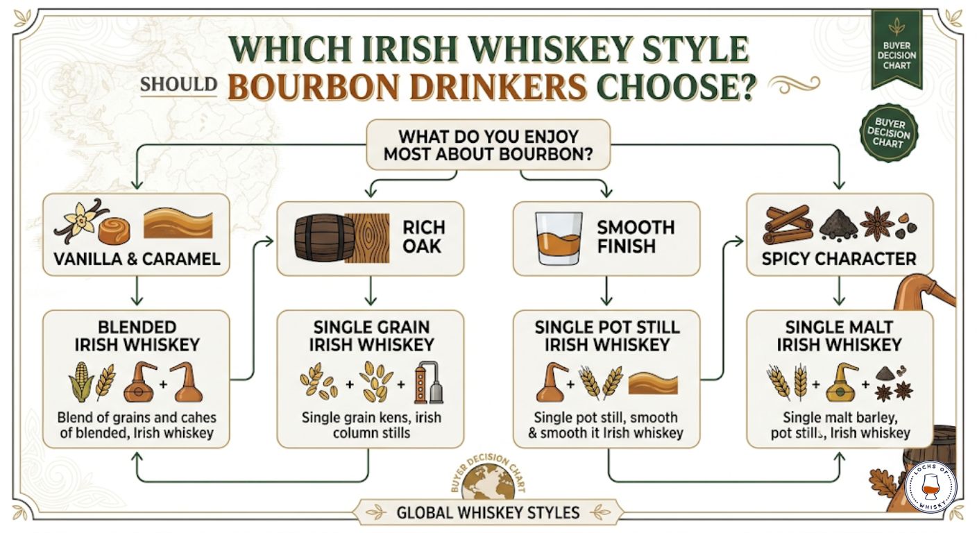 Decision tree helping bourbon drinkers choose the most suitable style of Irish whiskey.