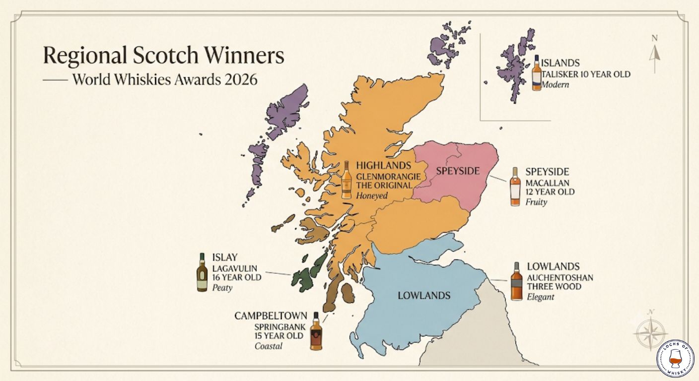 Map of Scotland showing the regional whisky winners from the World Whiskies Awards 2026 and their typical flavour styles.