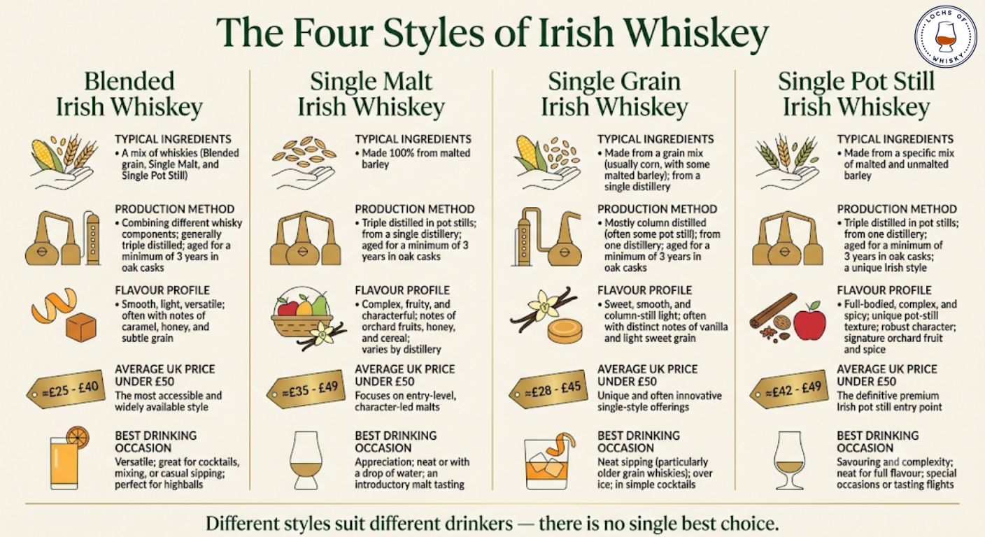 Comparison infographic explaining the four legal styles of Irish whiskey, including flavour profiles, production methods and typical prices.