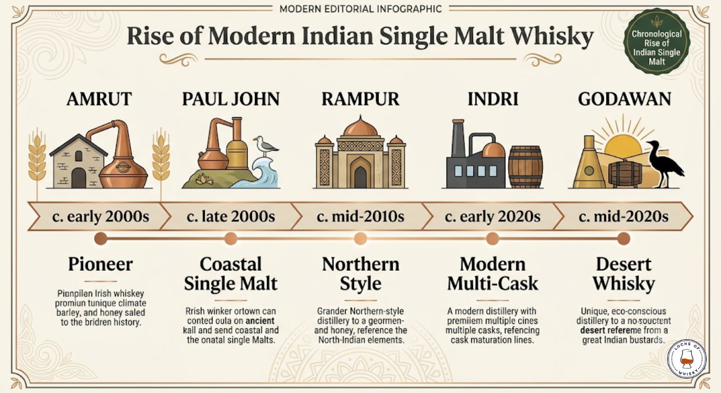 Timeline showing the development of India's leading modern single malt whisky distilleries.