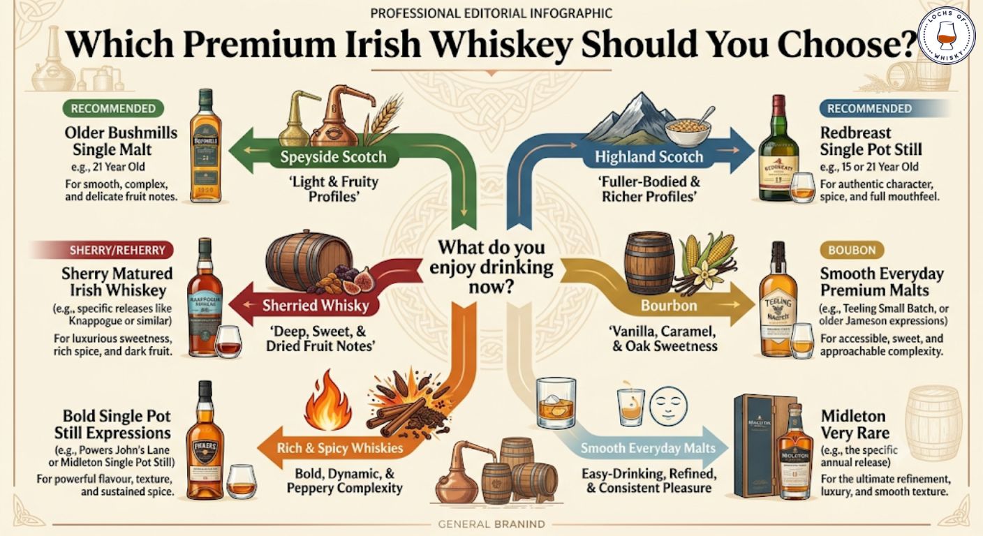 Decision tree helping Scotch drinkers choose the most suitable premium Irish whiskey style.