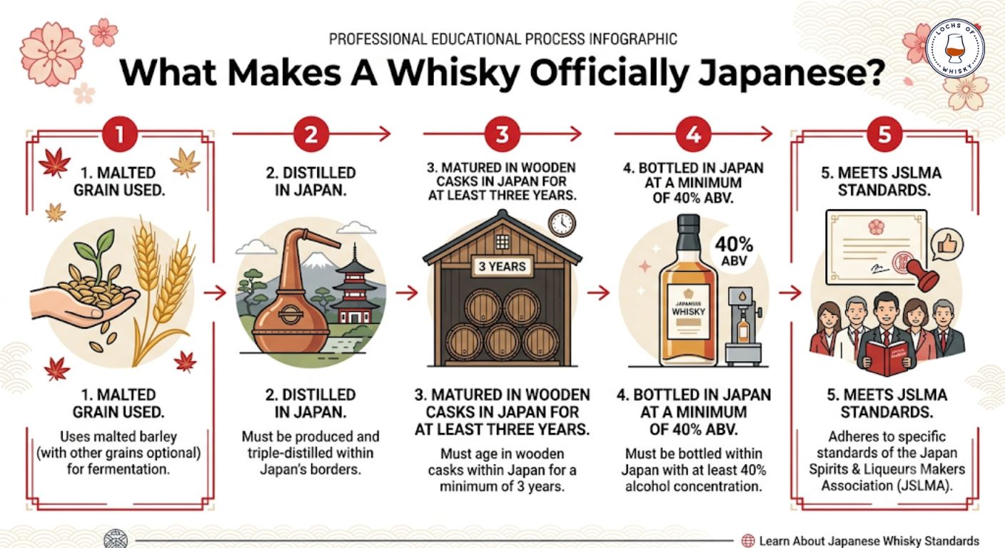 Infographic explaining the official production requirements for Japanese whisky under JSLMA standards.