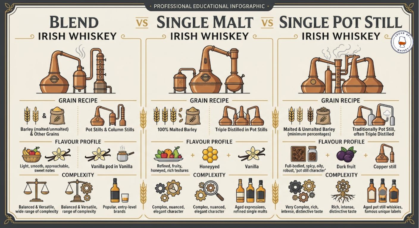 Comparison infographic explaining the differences between blended Irish whiskey, single malt Irish whiskey and single pot still Irish whiskey.