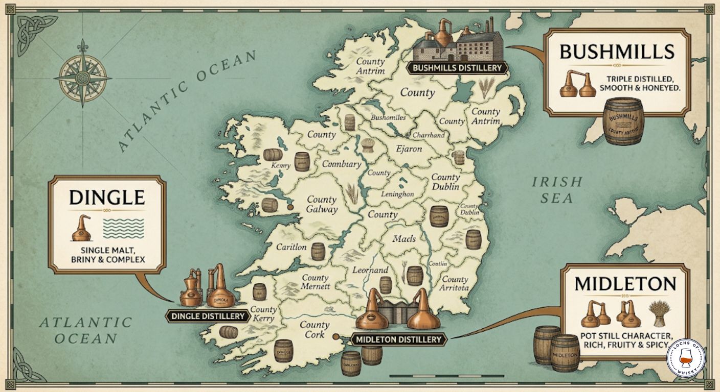 Illustrated map of Ireland showing Bushmills, Midleton and Dingle distilleries with their regional locations.