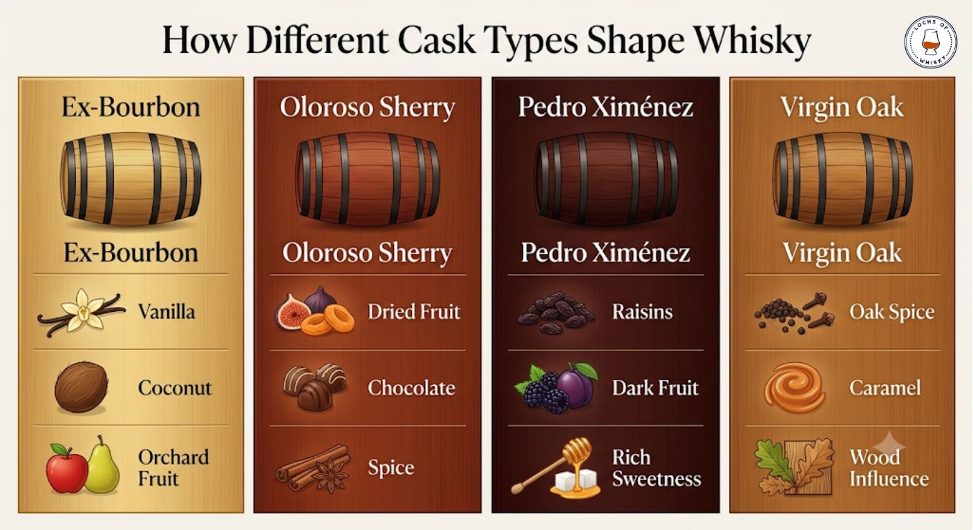 Comparison infographic showing how bourbon, Oloroso, Pedro Ximénez and virgin oak casks influence whisky flavour.