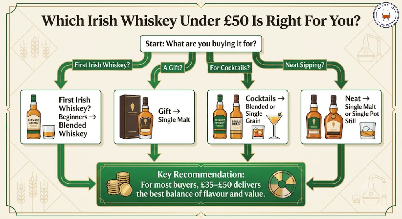 Decision tree helping buyers choose the most suitable Irish whiskey style under £50 based on how they plan to drink or gift it.