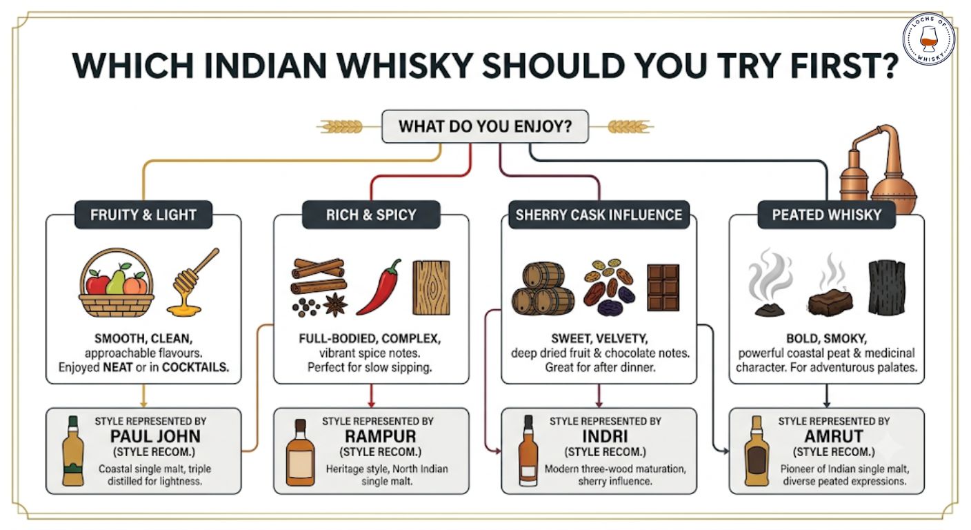 Decision tree helping beginners choose an Indian single malt based on their preferred whisky style.