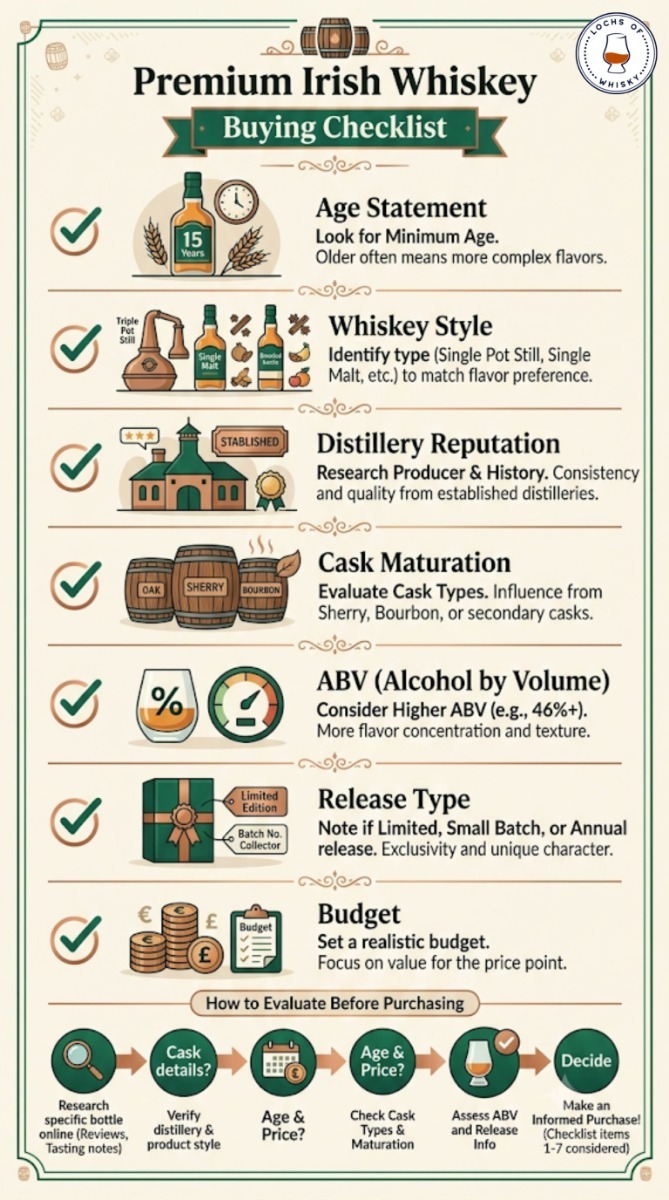 Checklist infographic showing the key factors to consider before buying premium Irish whiskey over £100.