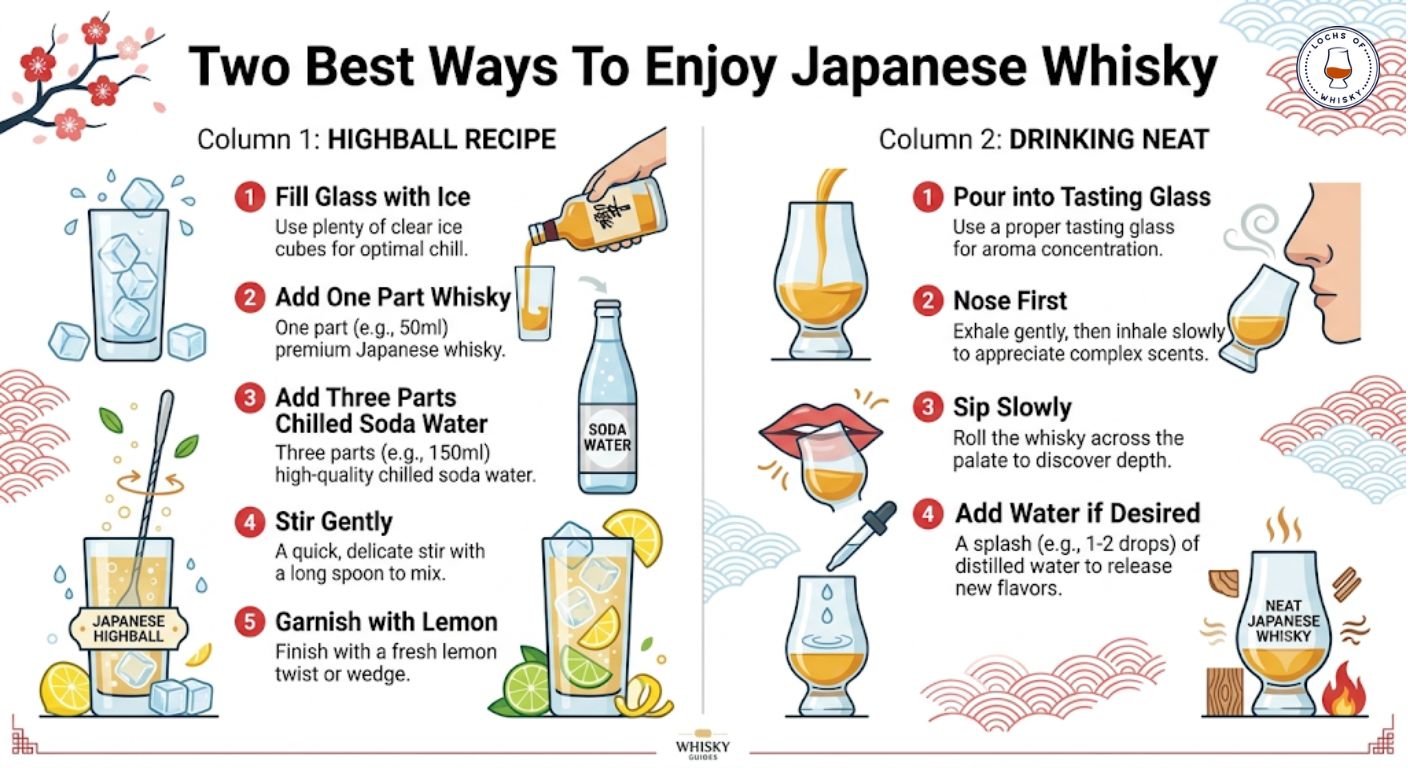 Step-by-step infographic showing how to serve Japanese whisky as a highball or enjoy it neat.
