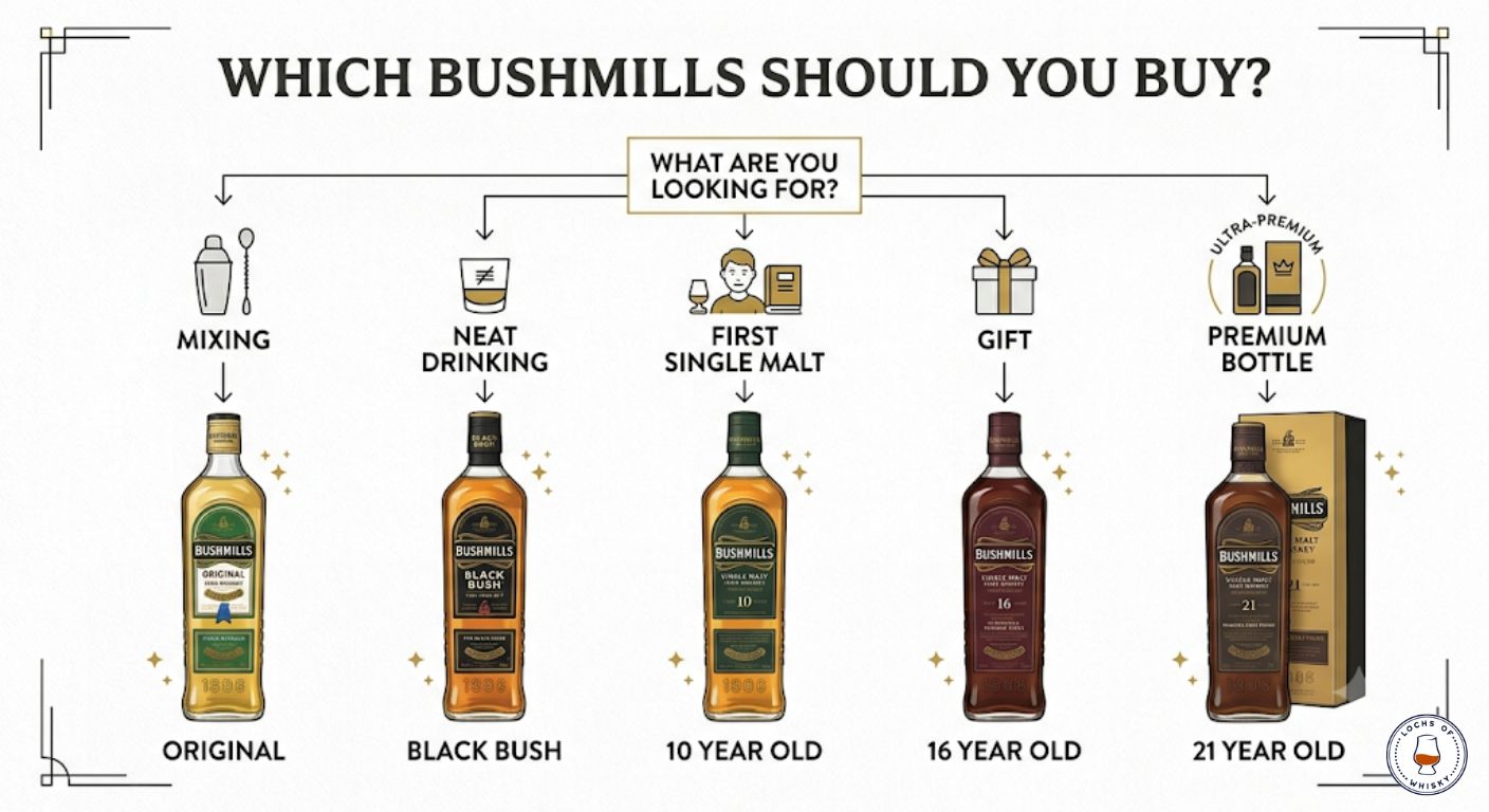 Decision tree helping buyers choose the most suitable Bushmills whiskey based on budget, drinking style and occasion.