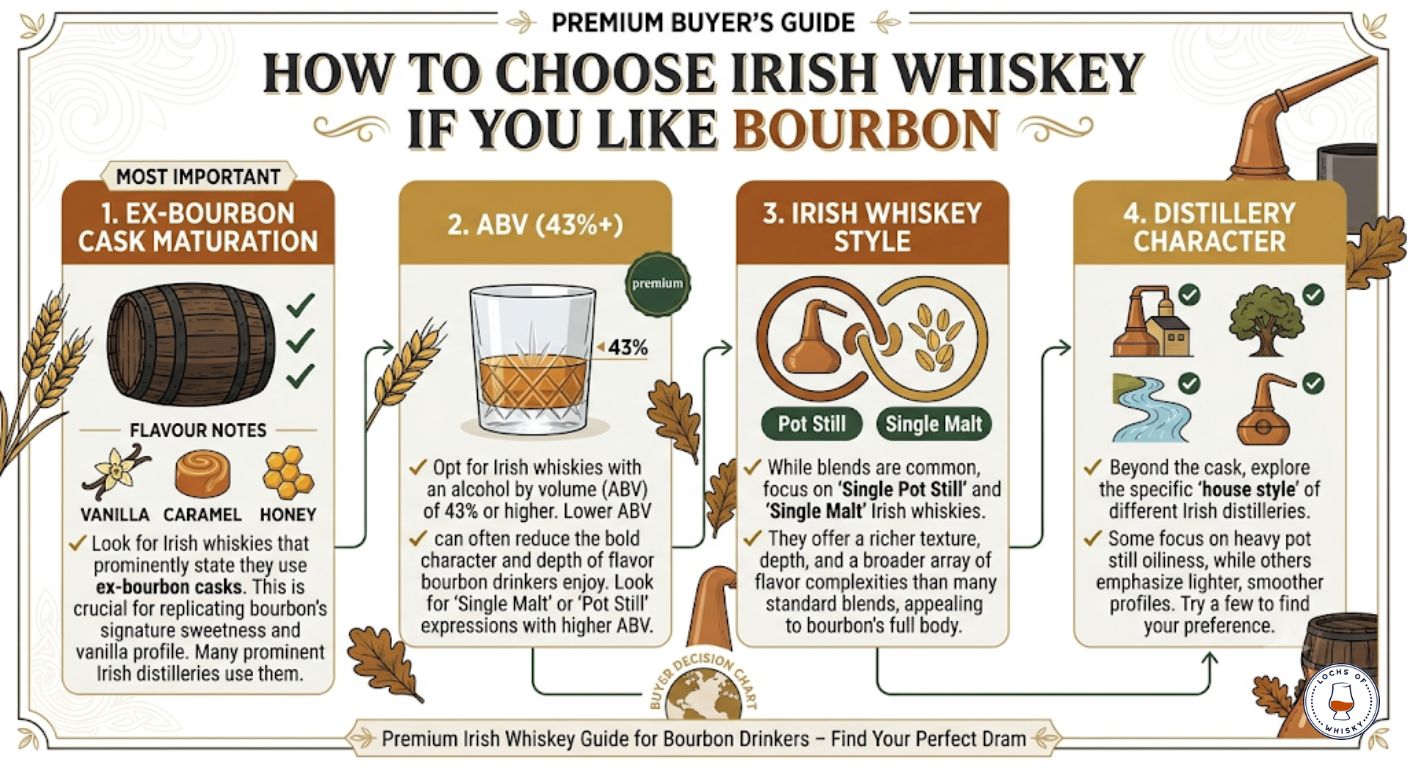 Buying guide infographic showing the most important factors bourbon drinkers should consider when choosing Irish whiskey.