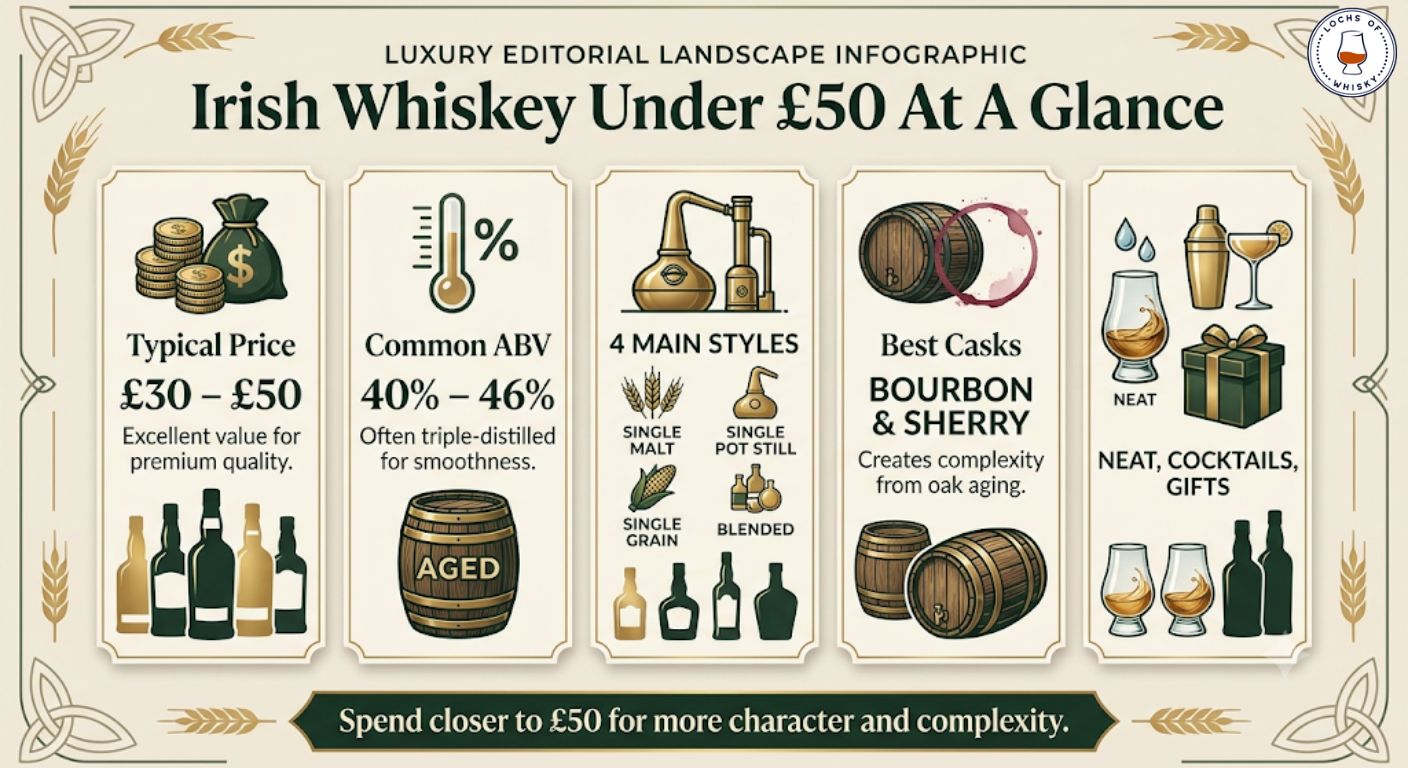 Summary infographic highlighting the key facts buyers should know when choosing an Irish whiskey under £50, including price, strength, styles and recommended uses.