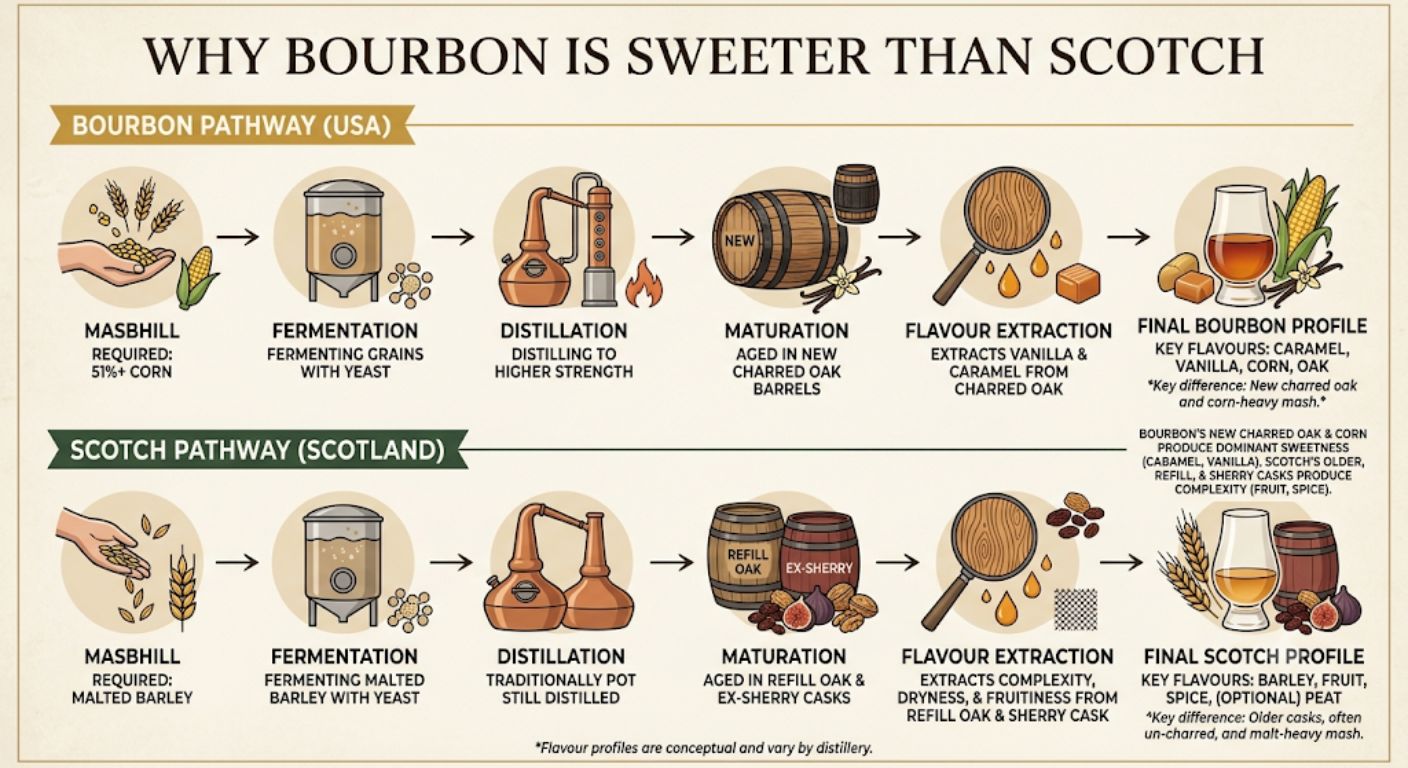 Flowchart explaining why bourbon develops sweeter flavours than Scotch whisky.
