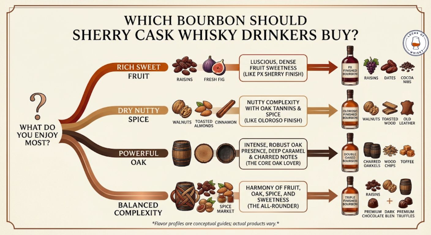 Decision tree helping sherry cask whisky drinkers choose the right bourbon style.