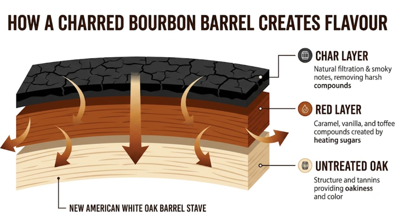 Cross-section diagram showing the char layer, red layer and untreated oak inside a bourbon barrel, explaining how each contributes different flavours during maturation.