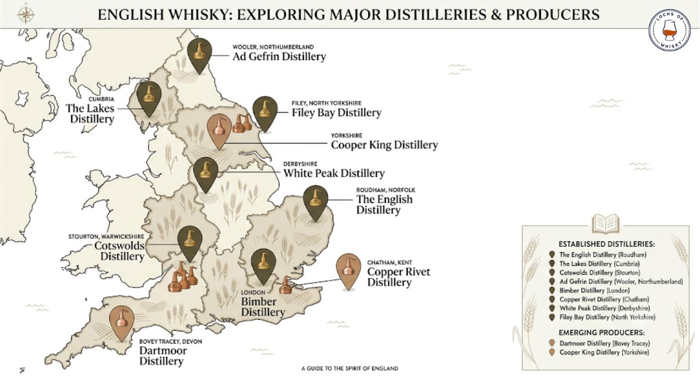 Map showing the locations of major English whisky distilleries across England, including northern, midlands and southern producers.