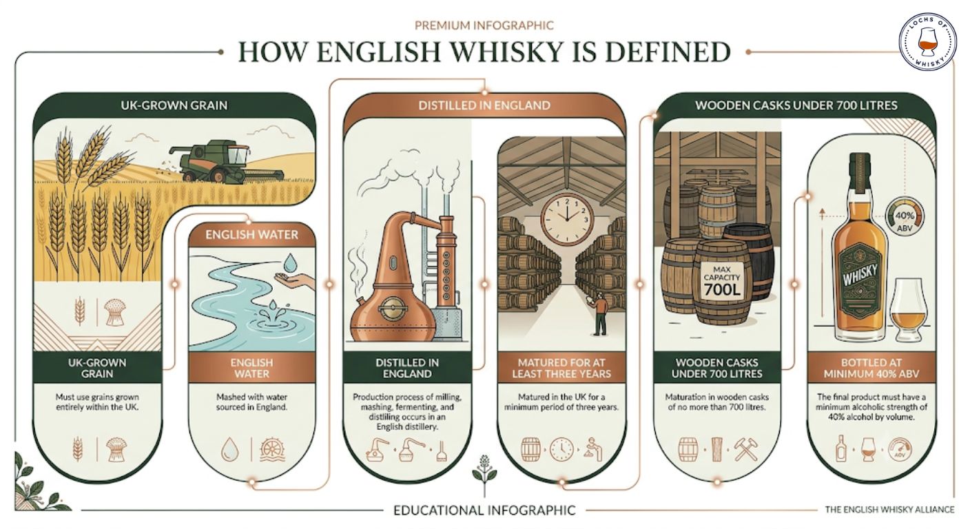 Infographic summarising the legal production requirements for English whisky including grain source, maturation and bottling rules.