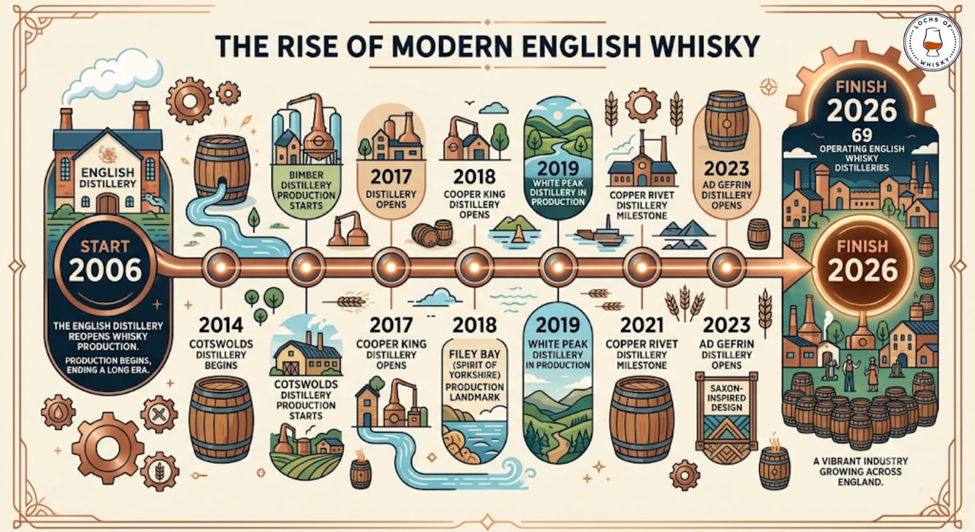 Timeline showing the growth of modern English whisky from the reopening of distilling in 2006 to the expansion of the industry in 2026.