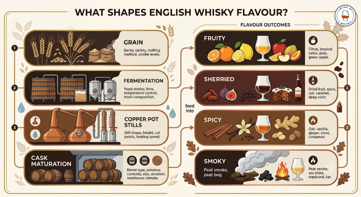Diagram showing how grain, fermentation, stills and casks influence the flavour profile of English whisky.